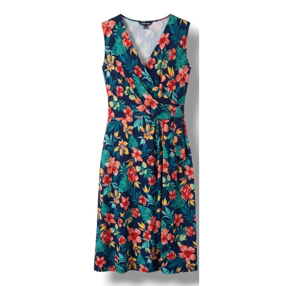 Lands' End Dresses & Skirts - Lands' End Faux Wrap Dress 2X Plus Blue Tropical Floral Cap Sleeve Knit Midi